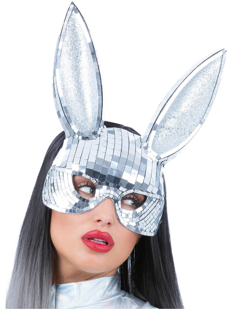 Adult disco bunny mask with silver mirror ball tiles and tall sparkle ears on white background