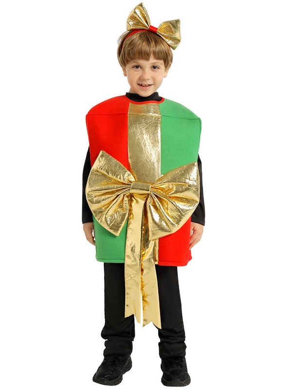 Child wearing red and green Christmas gift box costume with gold bow, front view