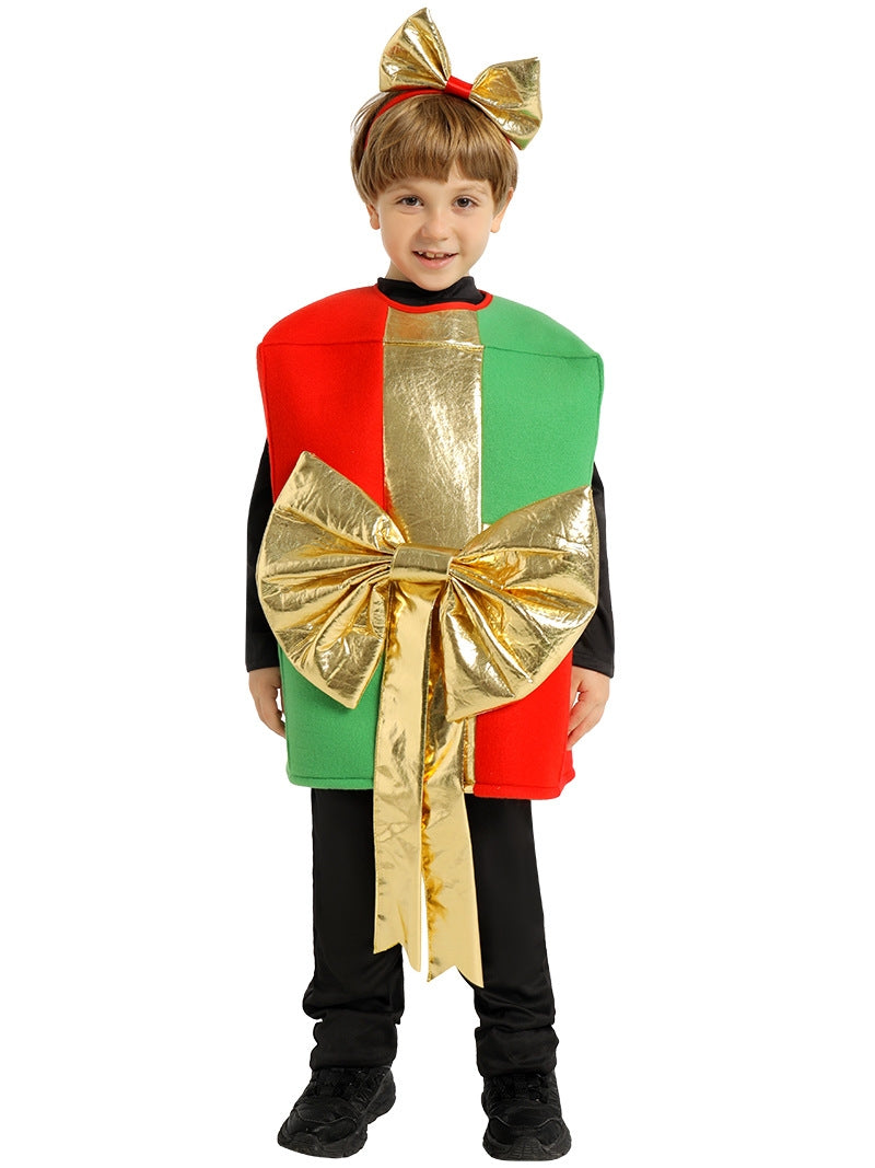 Child wearing red and green Christmas gift box costume with gold bow, front view