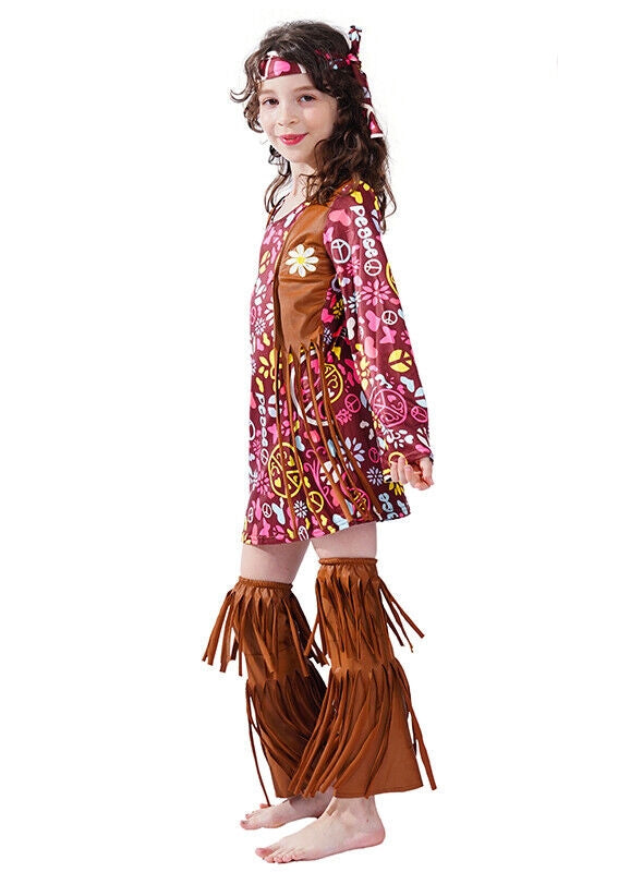 Kids 70s hippie costume with burgundy floral dress and tan fringe vest