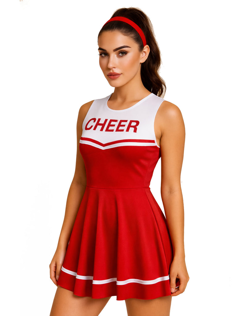 Red Ladies Cheerleader School Girl Uniform Fancy Dress Costume