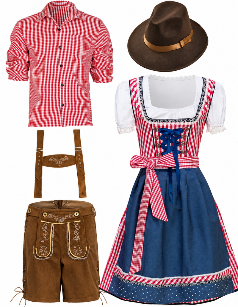 Adult Bavarian Oktoberfest Couples Costume - Lederhosen and Dirndl Set
