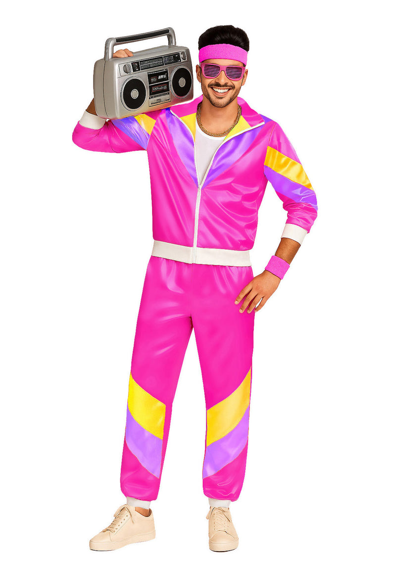 Mens 80s Tracksuit Costume - Hot Pink Retro Shellsuit Set