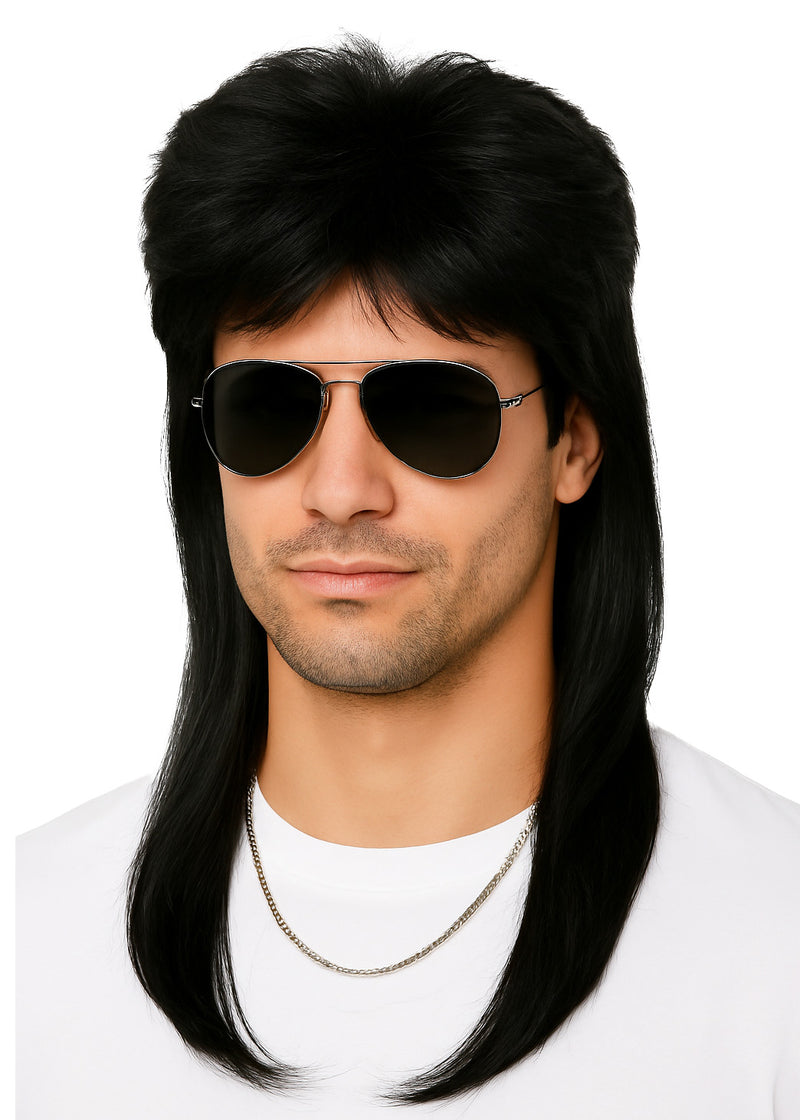 Adult Black Mullet Wig - 80s Rock Star Costume Accessory