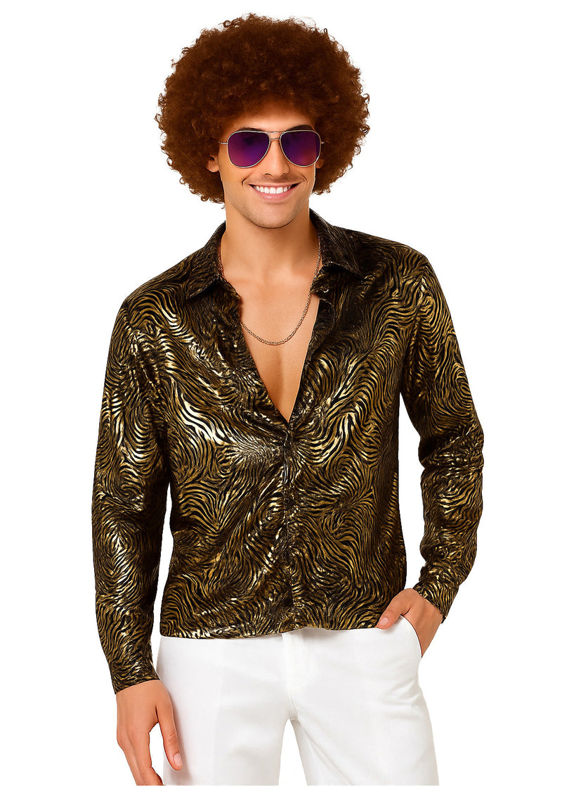 Mens 70s Disco Shirt - Black Gold Swirl Groovy Nightclub Top
