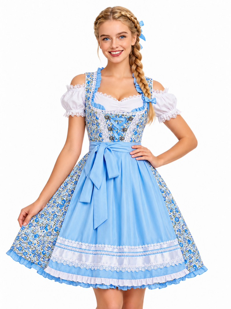 Adult Womens Bavarian Dirndl Costume - Blue Oktoberfest Beer Maid Dress