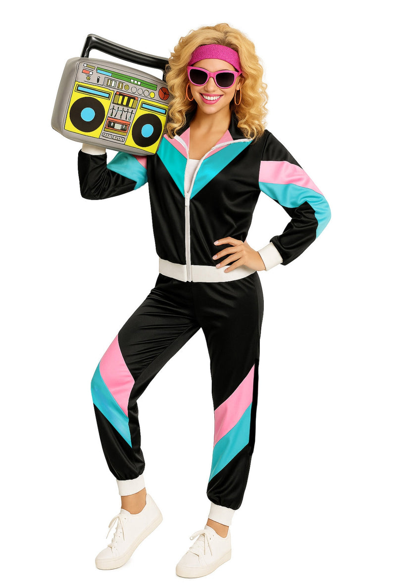 Womens 80s Tracksuit Costume - Neon Pink & Black Retro Jogger Set