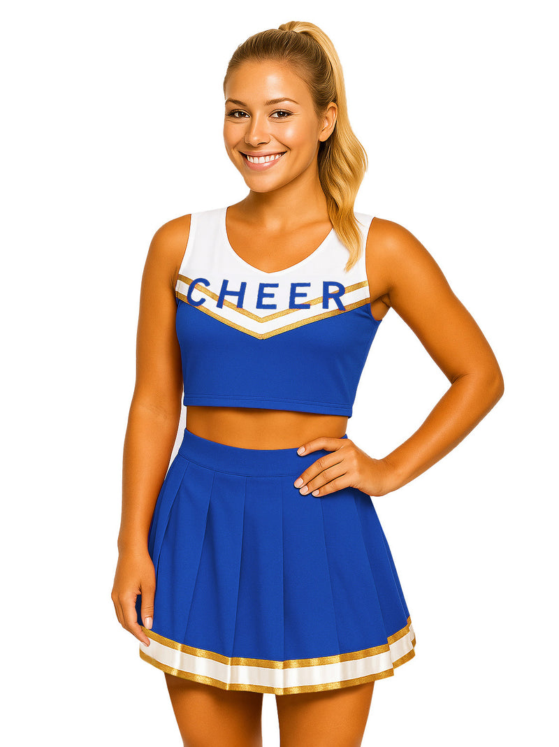 Womens Blue Cheerleader Costume - Classic American Cheer Squad Outfit