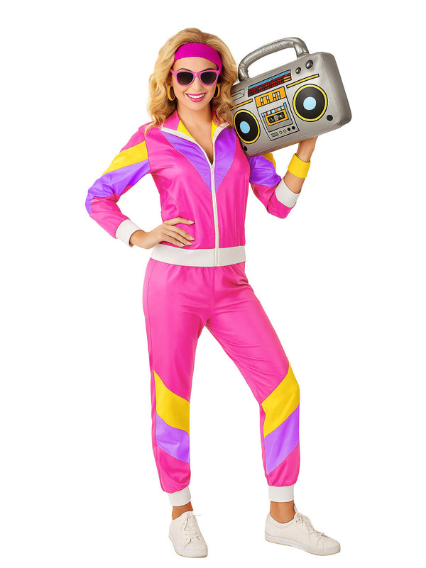 Womens 80s Shell Suit Costume - Hot Pink Retro Tracksuit Set