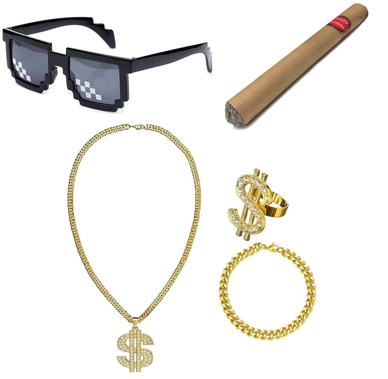 Adult Gangster Bling Accessory Set - 80s Hip-Hop Costume Jewellery & Pixelated Sunglasses