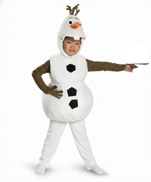 Kids snowman costume full body with white puffy torso and carrot nose