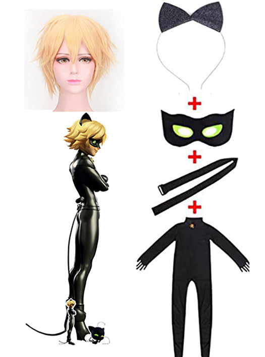 Black cat superhero costume with full catsuit, mask and blonde wig on child