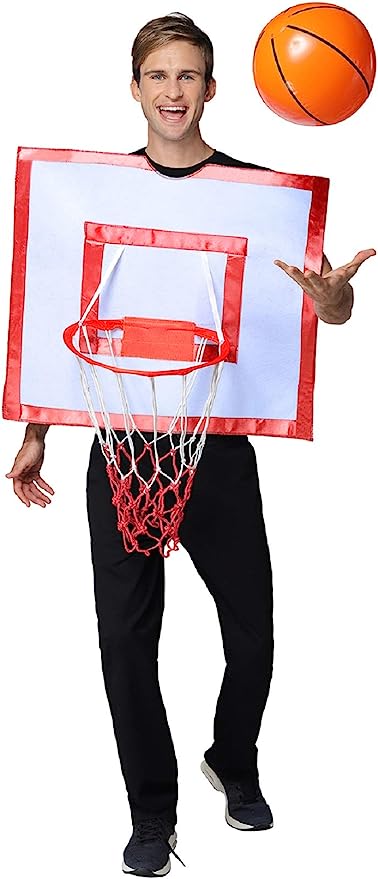 Close-up of red plastic hoop and red-white net detail on basketball costume