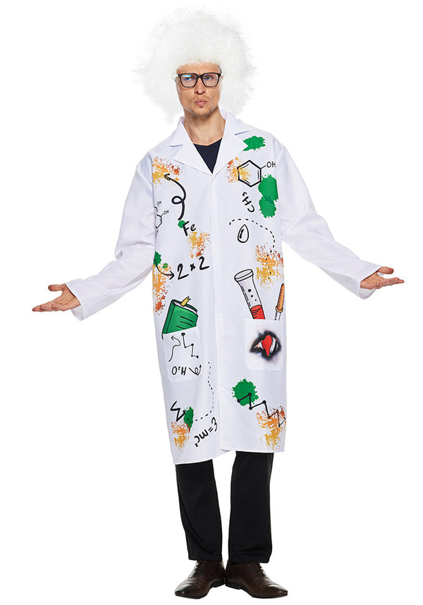 Kids mad scientist costume with white lab coat covered in colourful experiment prints and scorch marks