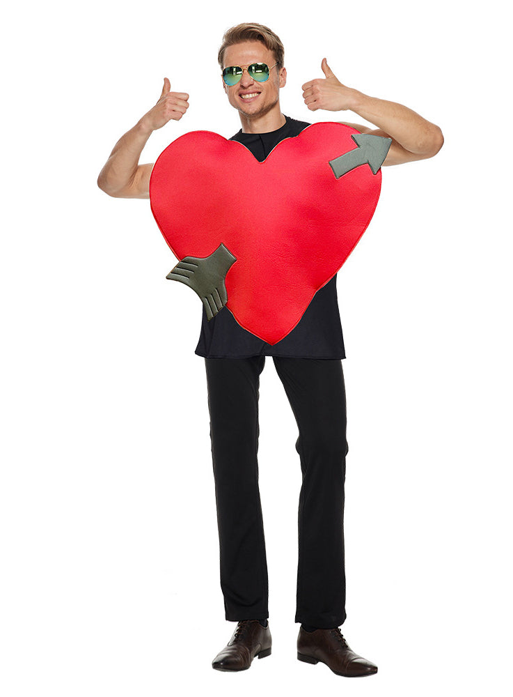 Child wearing giant red heart costume with arrow shot through chest and 3D hand prop