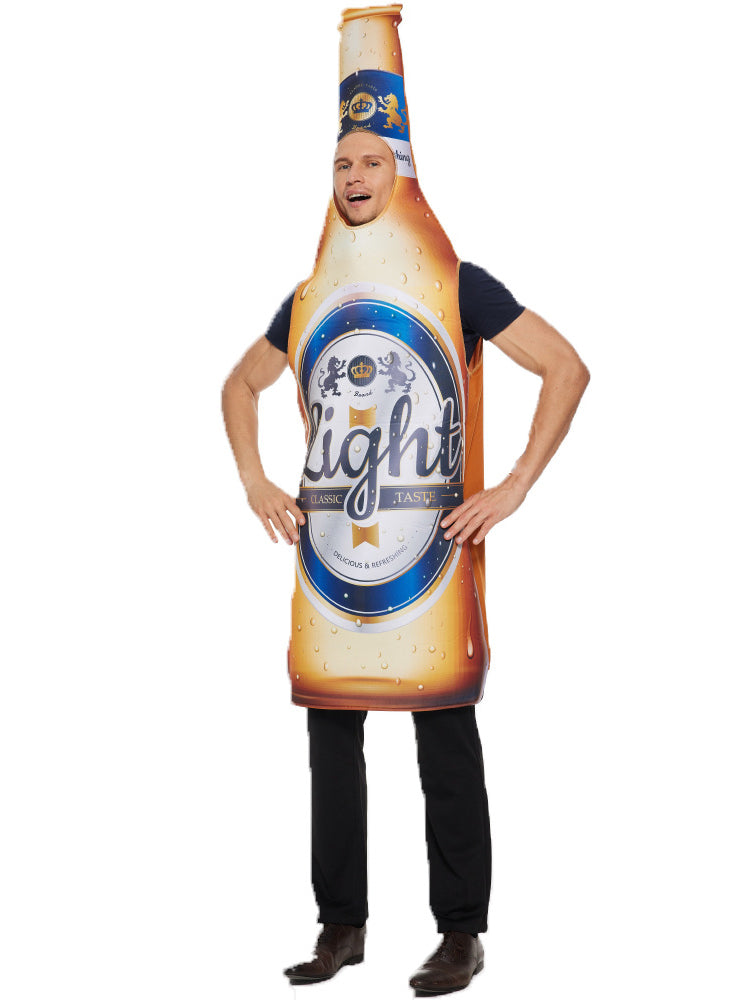 Adult wearing giant beer bottle costume with condensation droplets and vintage label print