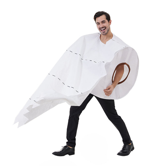 Child wearing giant white toilet paper roll costume with brown cardboard tube centre and trailing paper tail