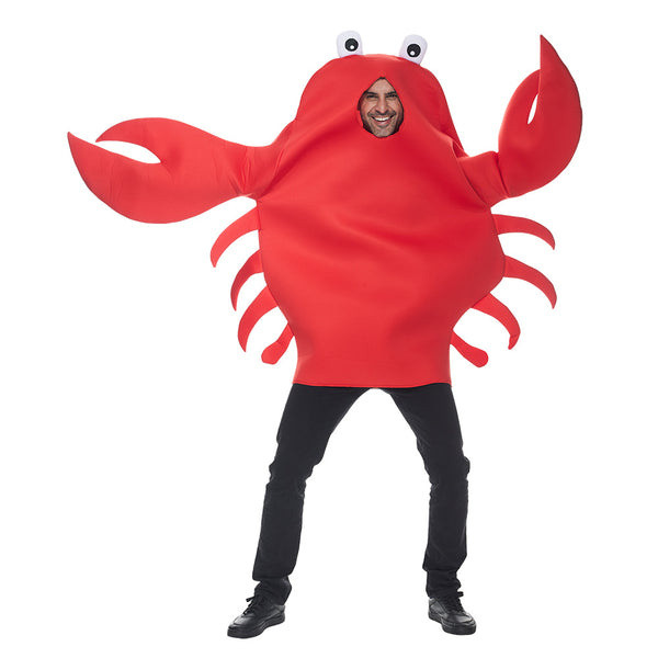 Child wearing bright red giant crab costume tunic with googly eyes and large claws