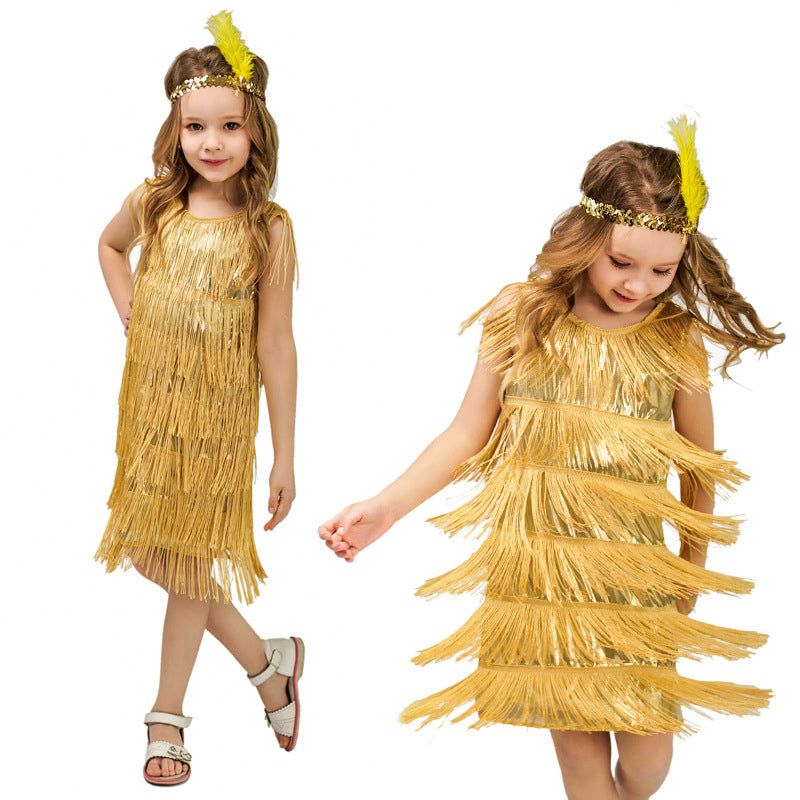Gold flapper dress with layered fringe and sequins, front view on child