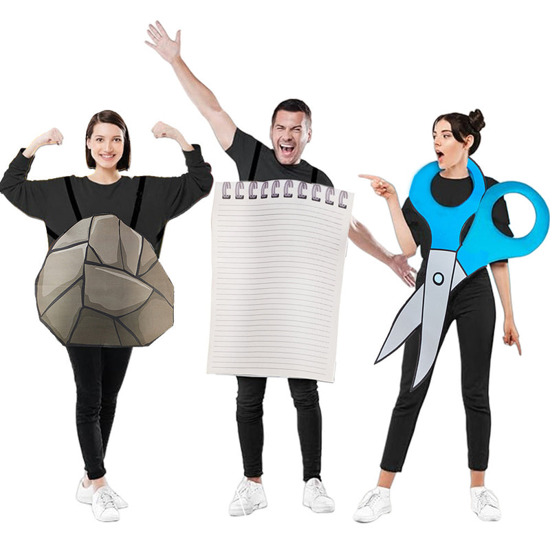 Kids wearing Rock Paper Scissors group costume set - grey rock, white paper, blue scissors tabards