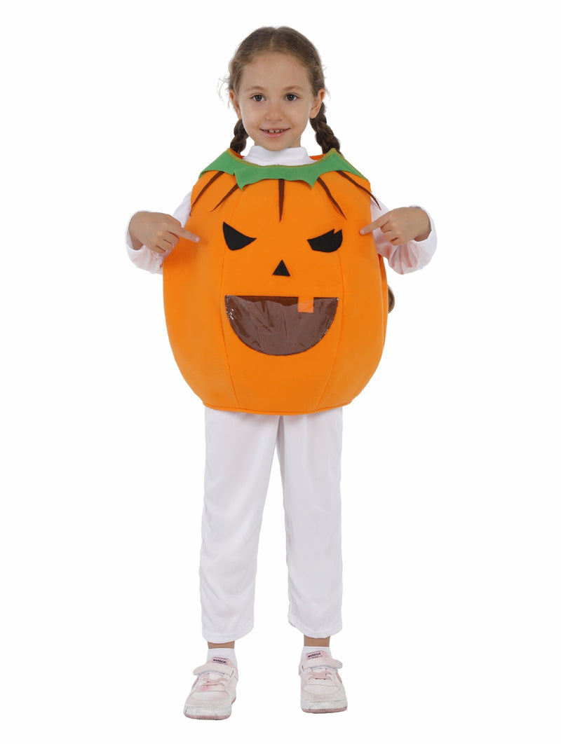 Orange padded pumpkin costume with triangle eyes and grinning mouth on child