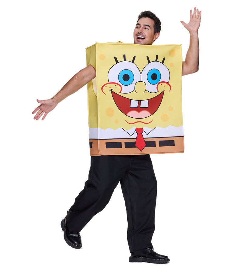 Adult wearing oversized yellow rectangular sea sponge costume with printed smiling face and shirt