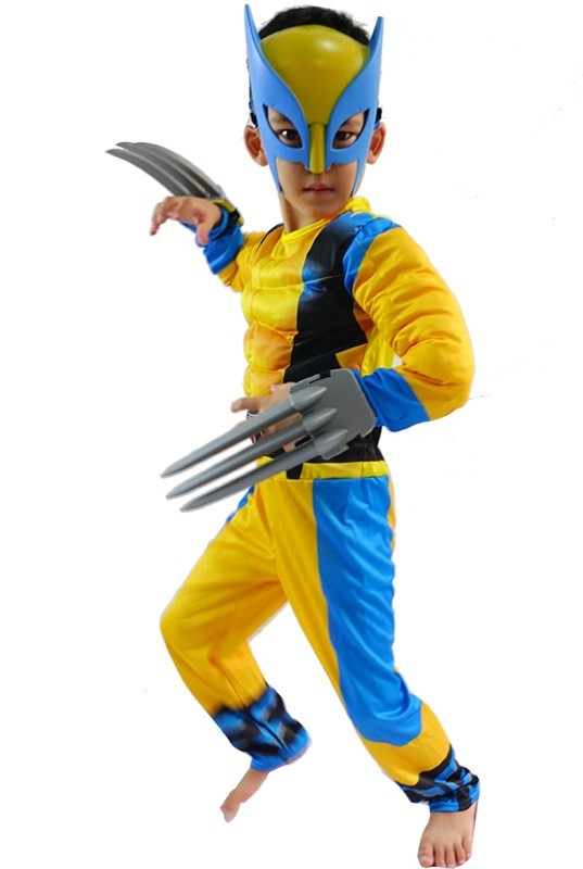 Child wearing yellow and blue mutant hero costume with muscle chest and pointed mask