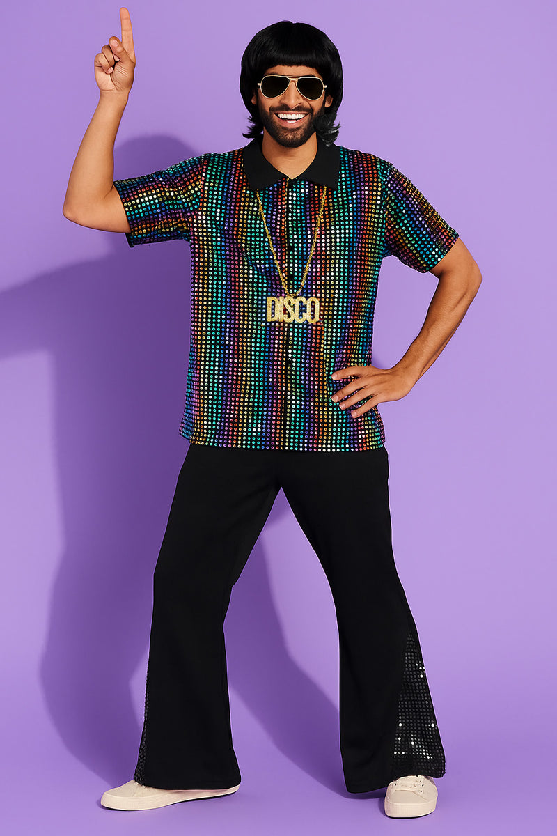 Men's 70s disco costume with rainbow sequin shirt and black flared trousers