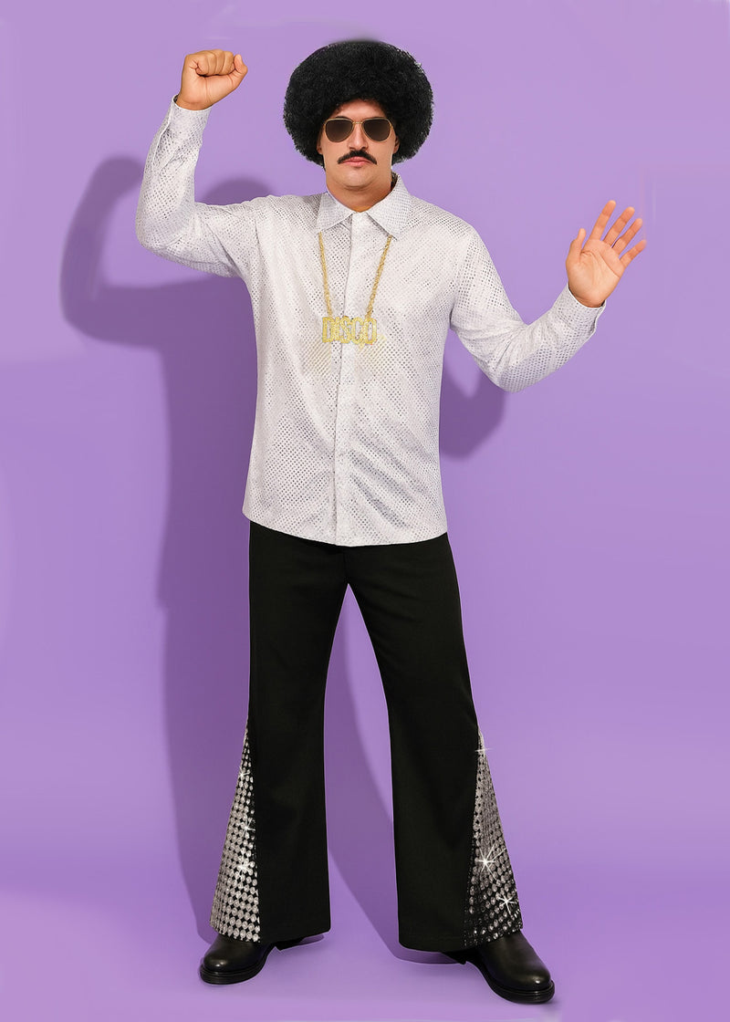 Man wearing silver sequin disco shirt with black flared pants and afro wig