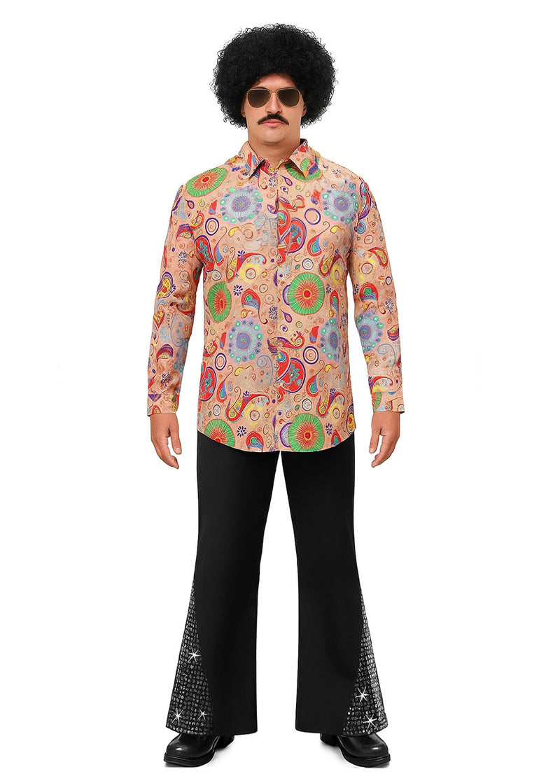 Men's 70s disco costume with paisley shirt and black sequin bell bottoms on white background