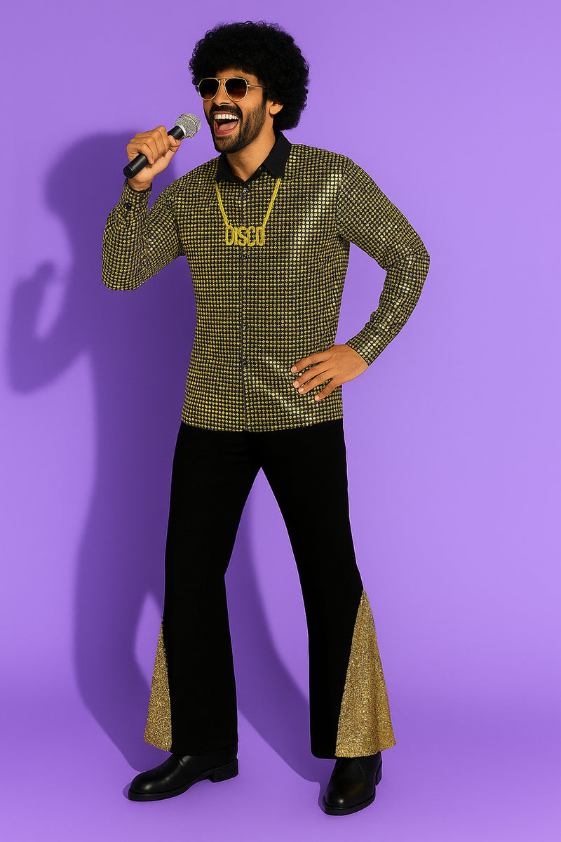 Men's gold disco costume with black flared pants and metallic checkered shirt