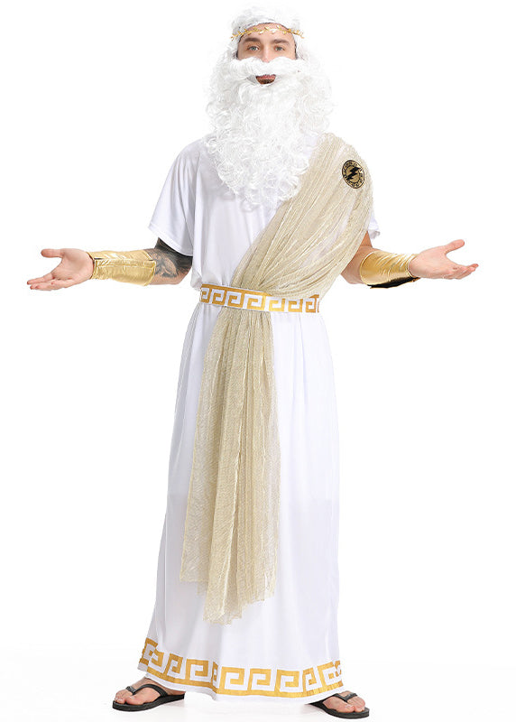 Kids Greek god costume with white robe, gold laurel crown and lightning badge