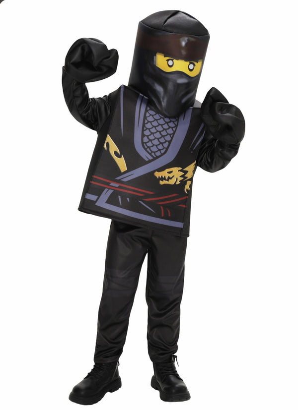 Kids ninja warrior costume with black mask and dragon emblem tunic
