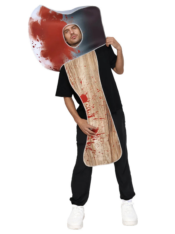Kids wearing bloody axe novelty costume with gore print over black clothing