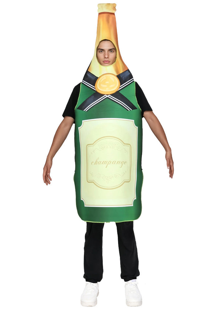 Adult wearing green champagne bottle tabard costume with gold foil neck and cream label