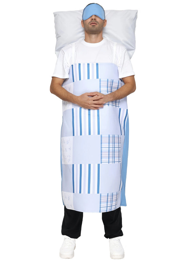 Child wearing full bed costume with patchwork quilt front panel and pillow at back for Book Week
