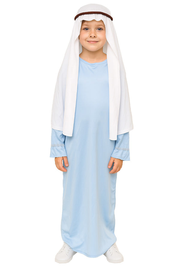 Child wearing sky blue shepherd robe with white headpiece and brown rope headband for nativity play
