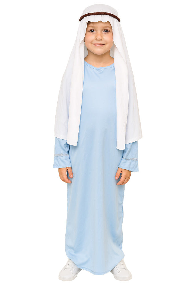 Child wearing sky blue shepherd robe with white headpiece and brown rope headband for nativity play