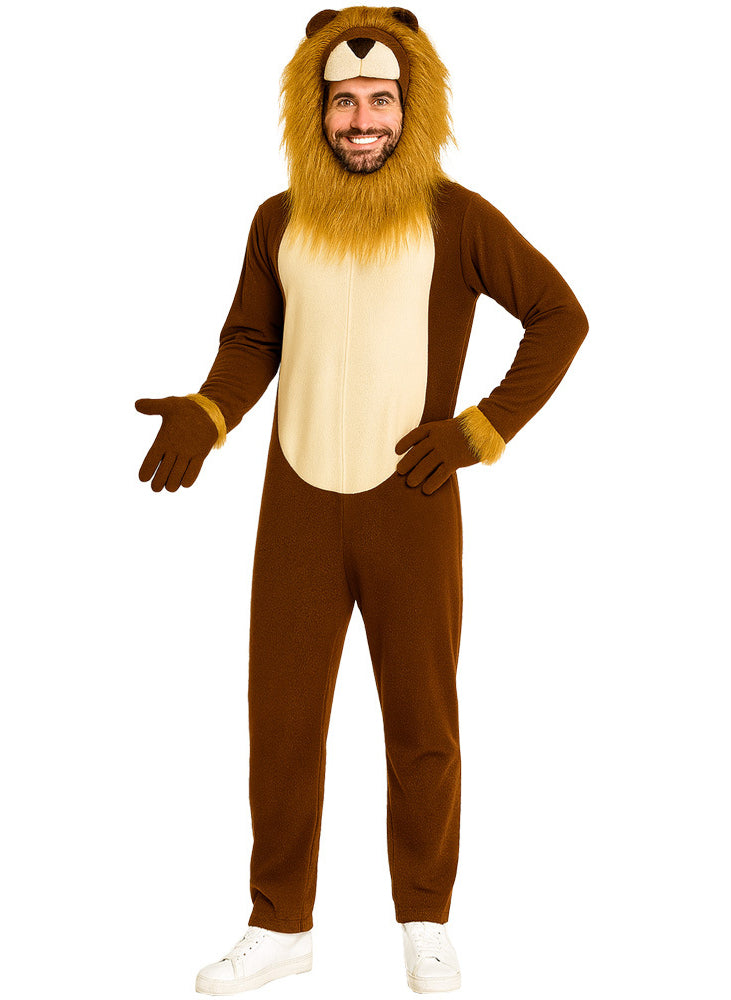 Brown plush lion onesie costume with cream belly panel and hooded mane for kids