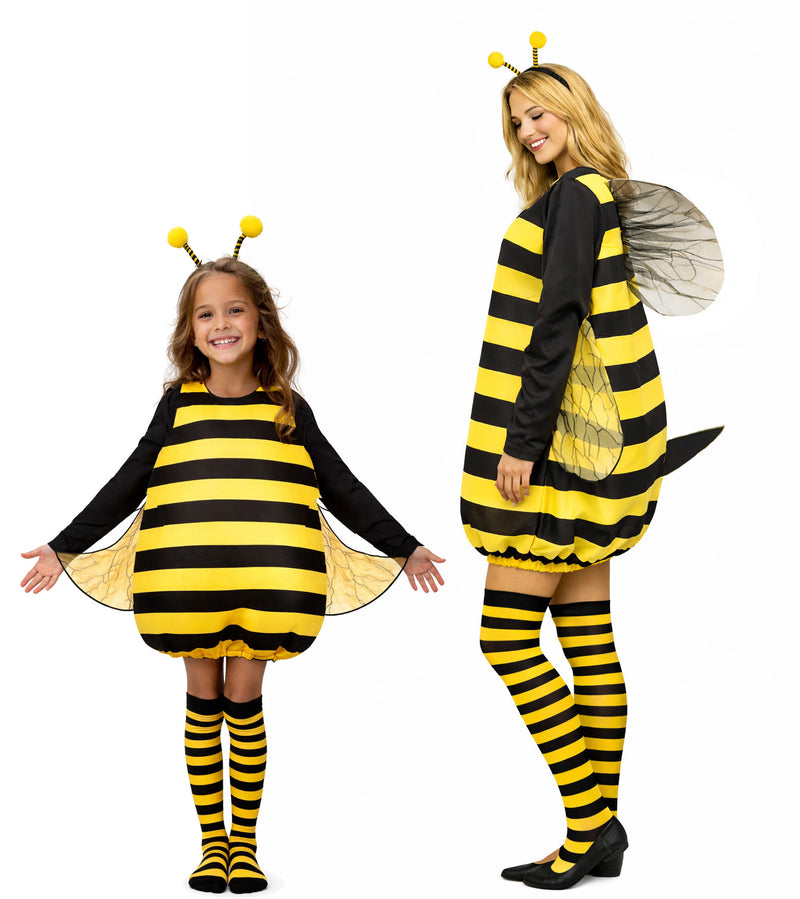Kids bee costume with yellow and black striped bodysuit and translucent wings