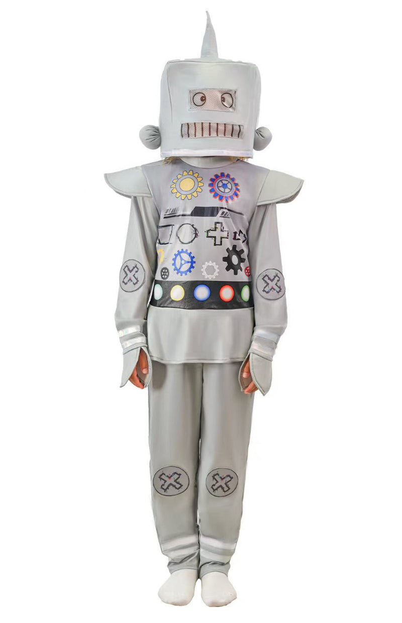 Child in silver robot costume with hooded head, antenna and control panel graphics