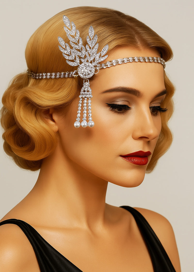 Adult 1920s Flapper Headband - Great Gatsby Rhinestone Pearl Headpiece