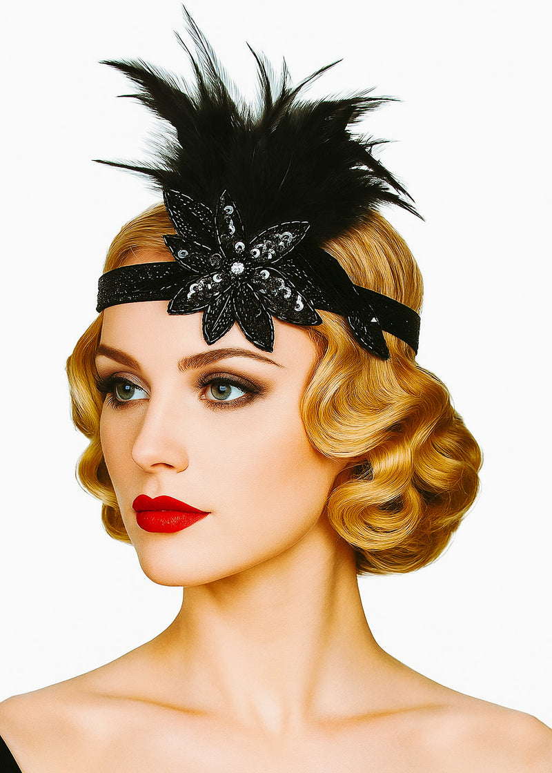 Womens 1920s Flapper Headband - Black Feather Gatsby Accessory