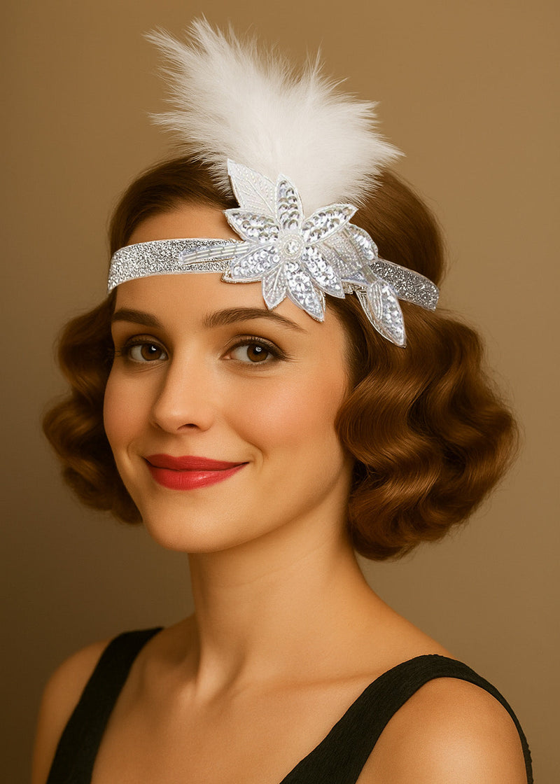 Adult 1920s Flapper Headband - Gold Sequin Feather Gatsby Accessory