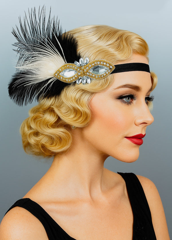 Adult 1920s Flapper Headband - Black Feather Crystal Gatsby Accessory
