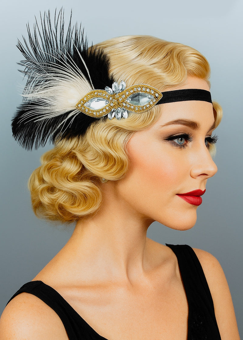 Adult 1920s Flapper Headband - Black Feather Crystal Gatsby Accessory