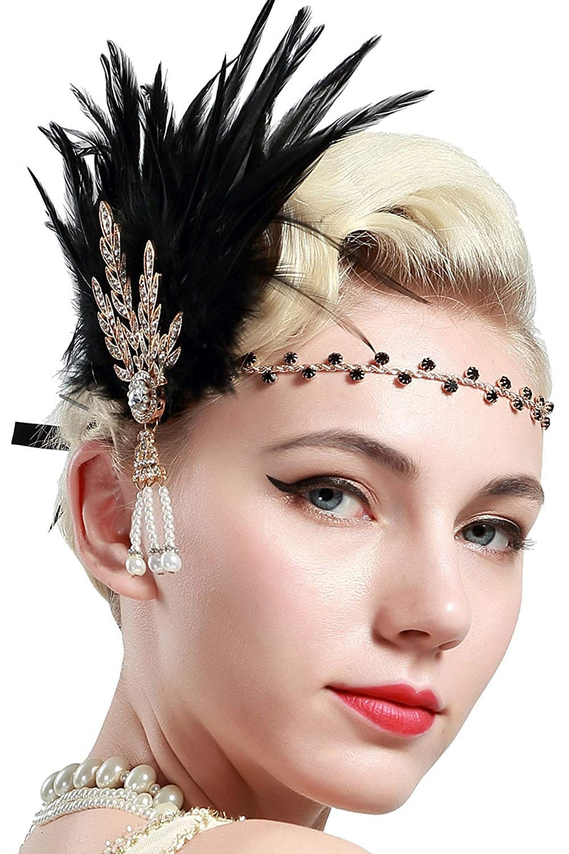 Womens 1920s flapper headpiece with black feather plume and rose gold rhinestone brooch
