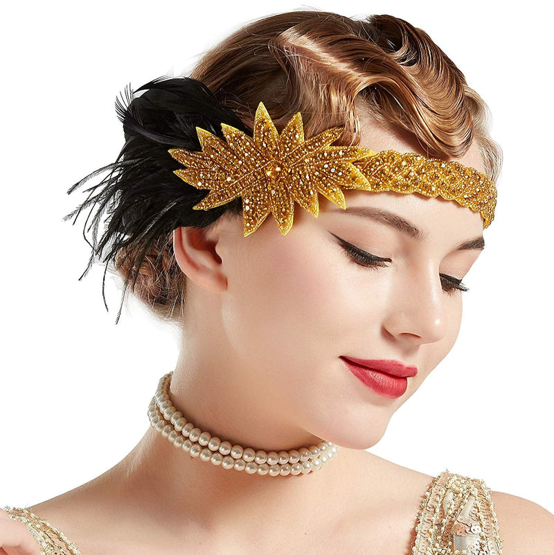 Adult 1920s Flapper Headband - Black & Emerald Green Feather Gatsby Accessory