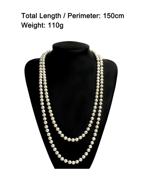 Long strand cream pearl necklace styled in multiple loops for 1920s flapper costume