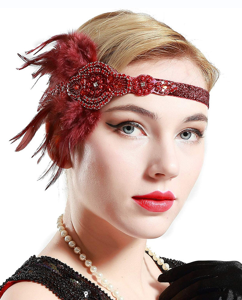 Burgundy feather headband with rhinestone Art Deco medallion and marabou plumes for 1920s flapper costume